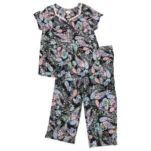 Aria Black Floral Paisley Pajama Set Top & Capri Pockets Sz M
